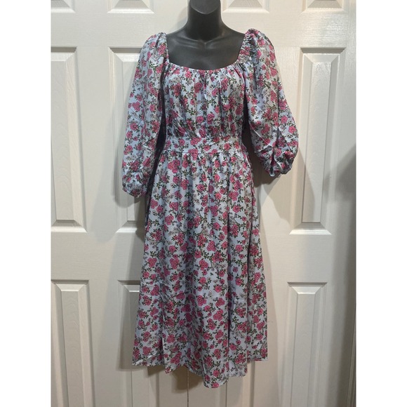 Umgee USA Blue Pink Floral Square Neck Smocked Cutout Midi Dress Women's Size M - Picture 2 of 4